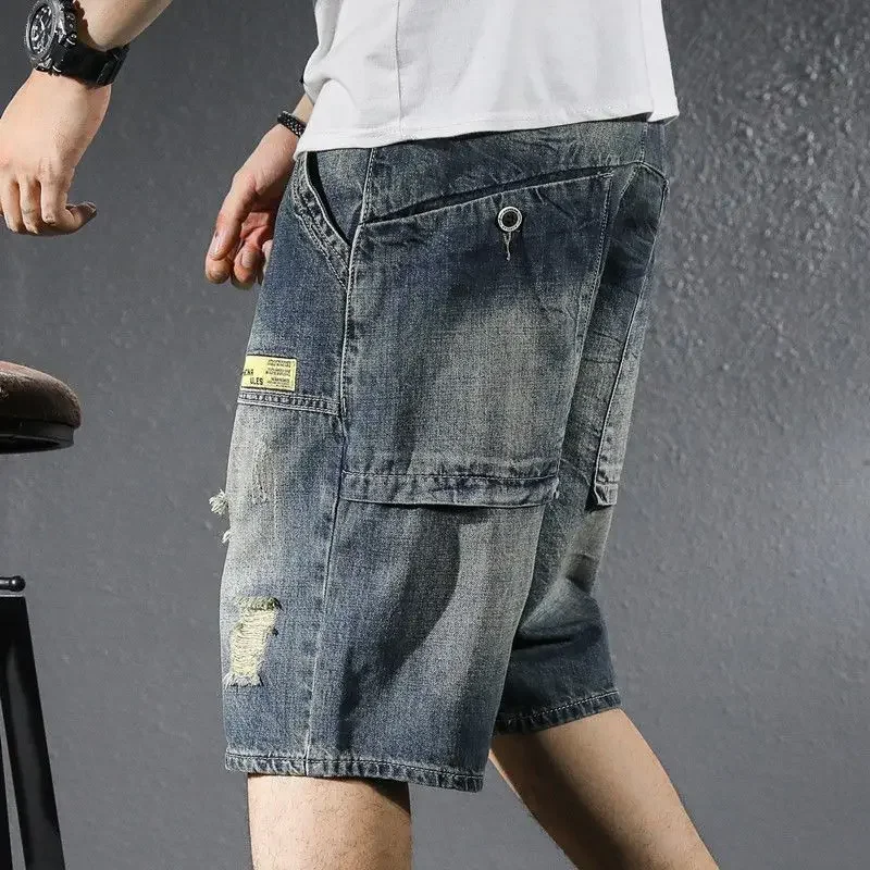 Men's Short Jeans Pants Bermuda Ripped Half Long Straight Male Denim Shorts Summer Cut Original With Vintage Harajuku Xl