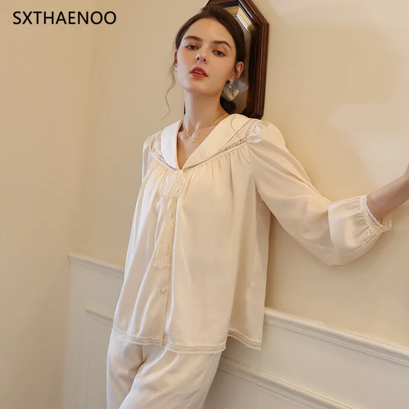 

SXTHAENOO French Lapel Shirt Style Ice Silk Long Sleeve Pajamas For Woman Sleepwear Luxury Clothes Women ensemble femme 3 pièces