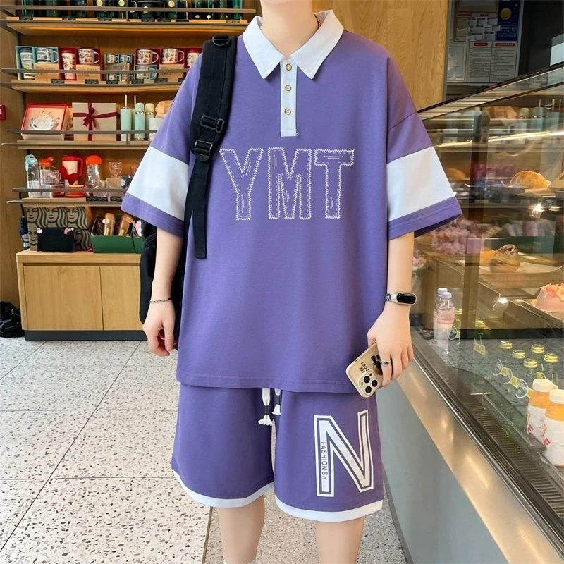 

Men Teen Boys 2PCS Polo Shirt Set Summer Casual Cotton Loose Fit Short Sleeve Tops Shorts