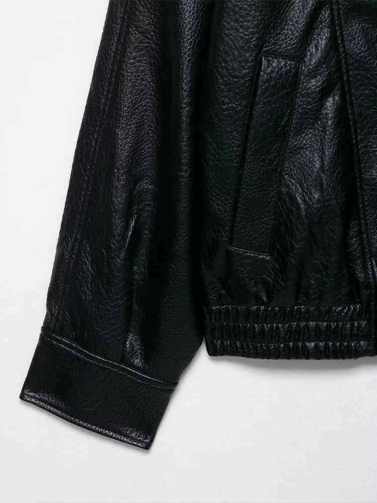 Giacca in pelle a maniche lunghe con colletto alla coreana in similpelle con cerniera alla moda da donna in stile europeo e americano