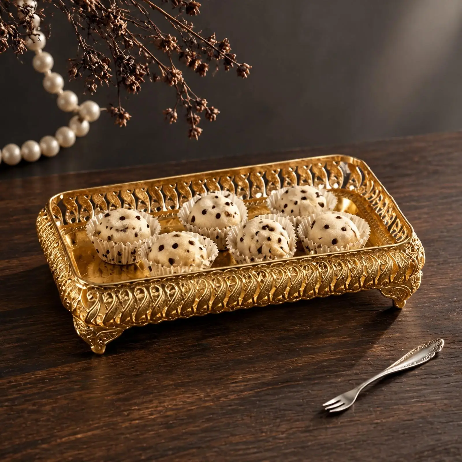 Patterned Metal Serving Tray for Dessert Table Decor with Short Feet and Ornate Border
