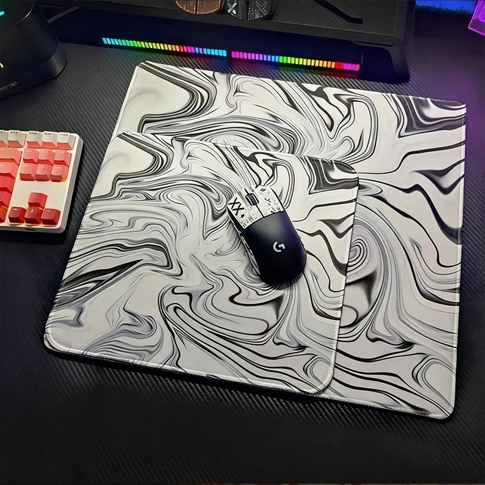 

Aesthetic Marble Swirl Tablecloth Gaming Mousepad Black White Wavy Desk Stitched Edge Rubber Mat Laptop Gamer Room Setup Decor