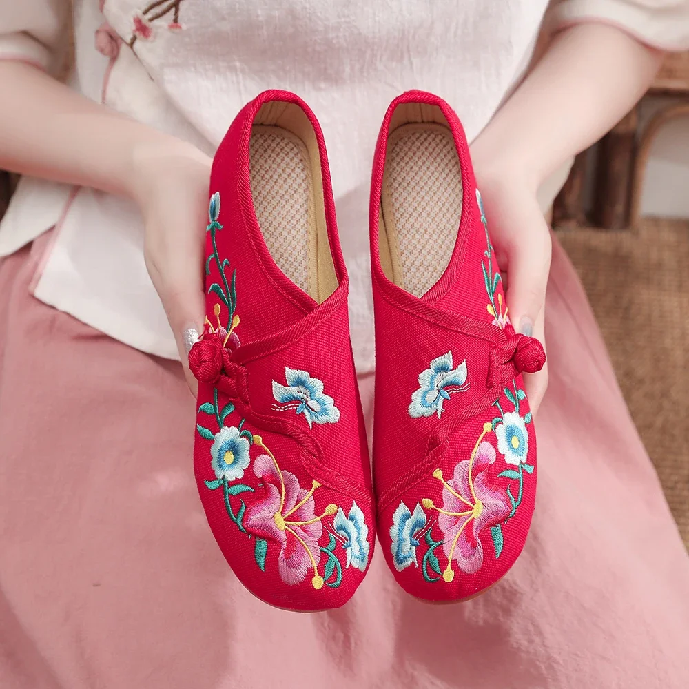 Canvas dancer embroidered with morning light flowers for women, comfortable casual shoes embroidered with denim cotton