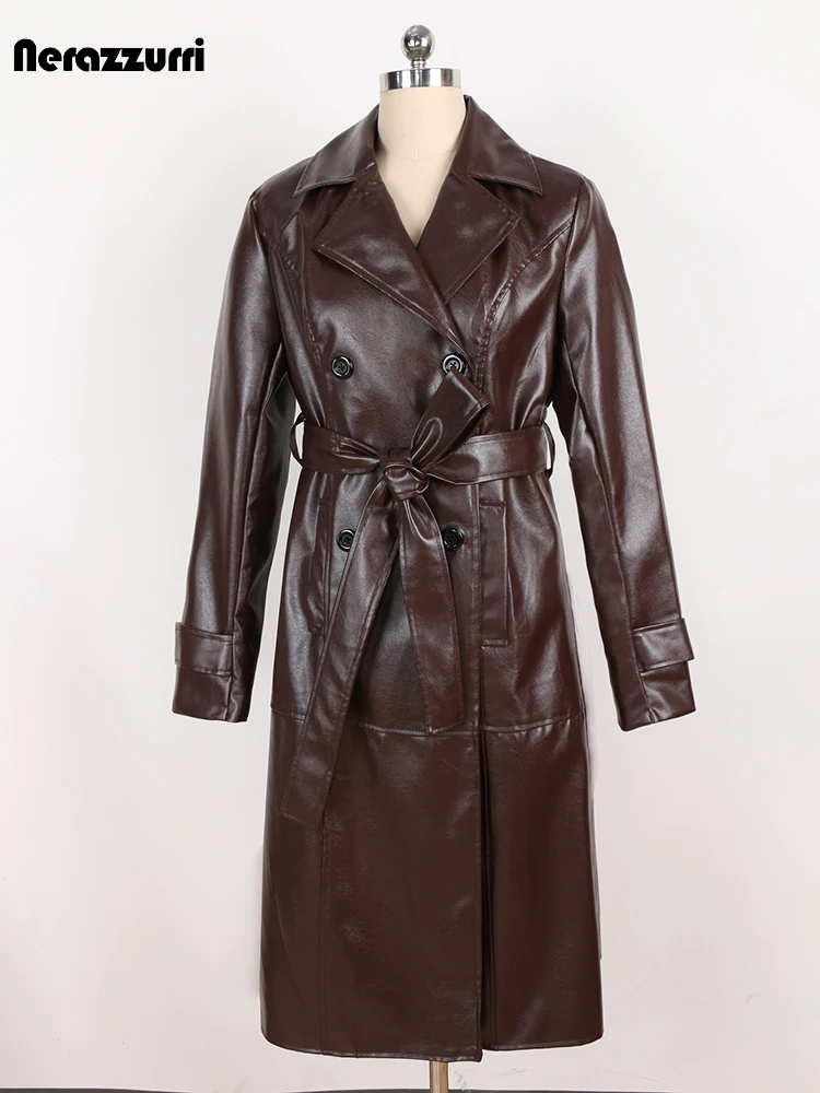 Nerazzurri Spring Autumn High Quality Coffee Pu Leather Trench Coat for Women Sashes Double Breasted Chic Long Elegant Overcoat