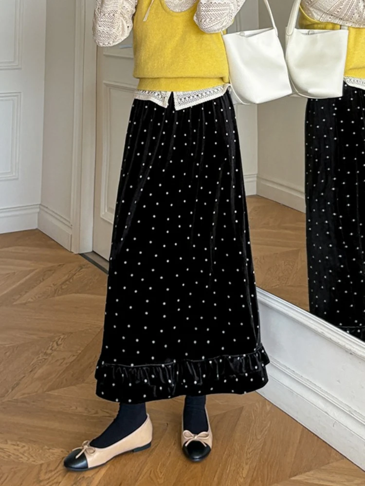 REALEFT Autumn Winter Vintage Dots Printed Thicken Velvet Women's A-line Skirts High Waist Casual Loose Umbrella Skirts Female