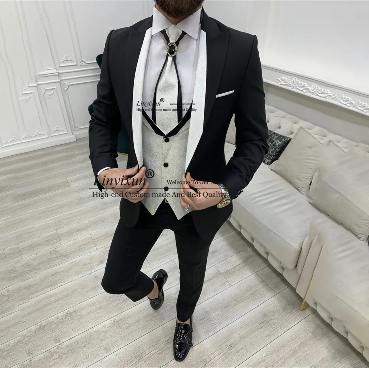 Design version Men's Wedding Suits Slim Groom Tuxedos 3 Pieces Set Bridegroom Prom Blazers With Jacquard Waistcoat mens clothing