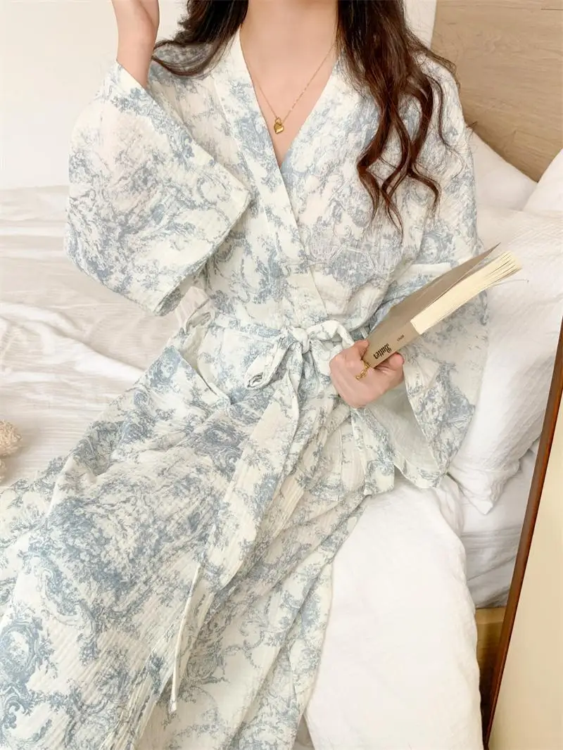 Women's Long Sleeved Home Morning Gown, Blue Floral Loose Waisted Comfortable Robe, V-neck Long Sleeved Home Nightgown image 4