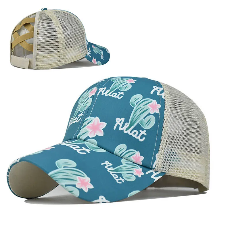 

White Floral Cross Hat For Women Protection Sun Hat Ponytail Baseball Cap