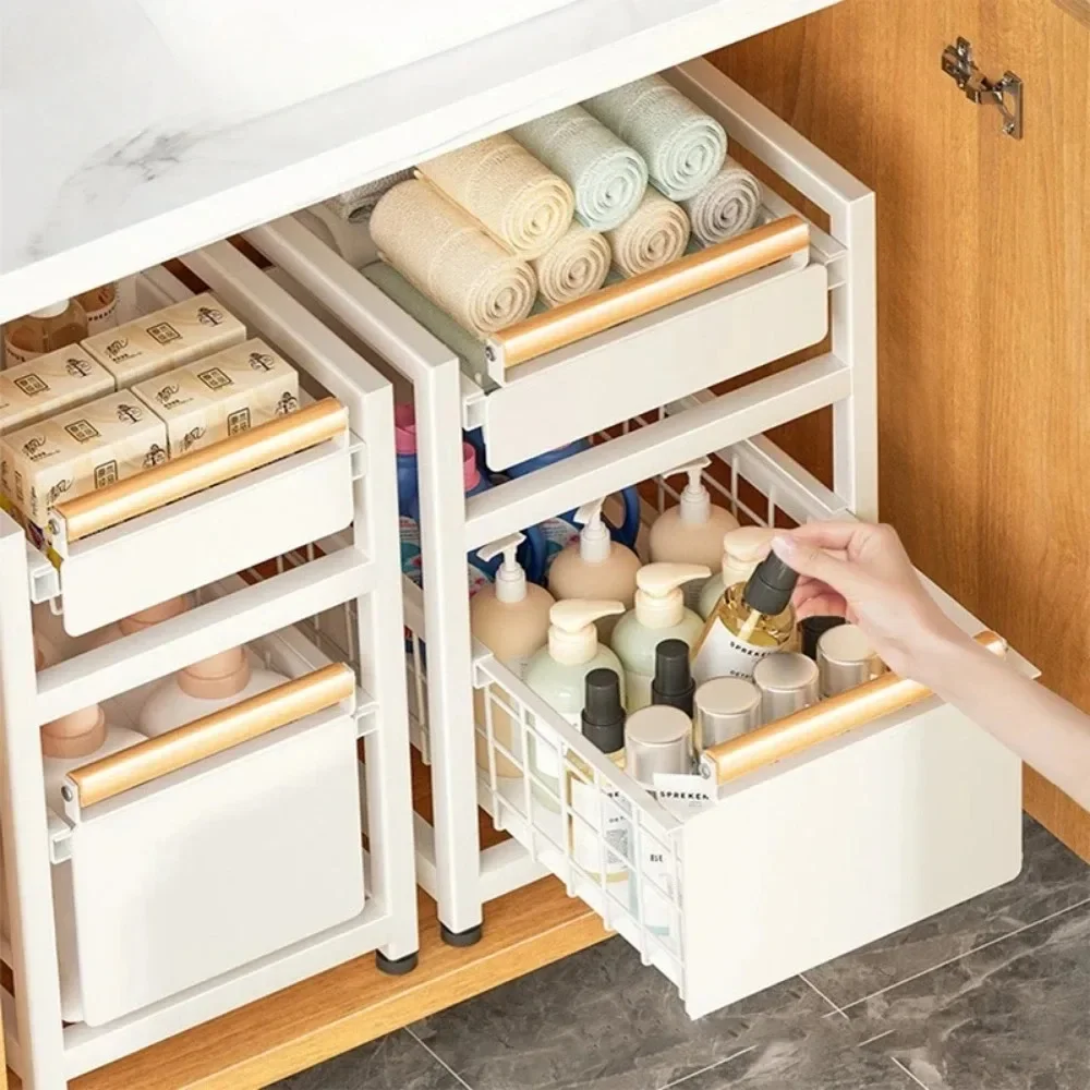 

B Under Sink Organizer Rack 1/2 Tier Basket Seasoning Dishes Pull-Out Basket Household Sundries Layered Kitchen Sink Storage
