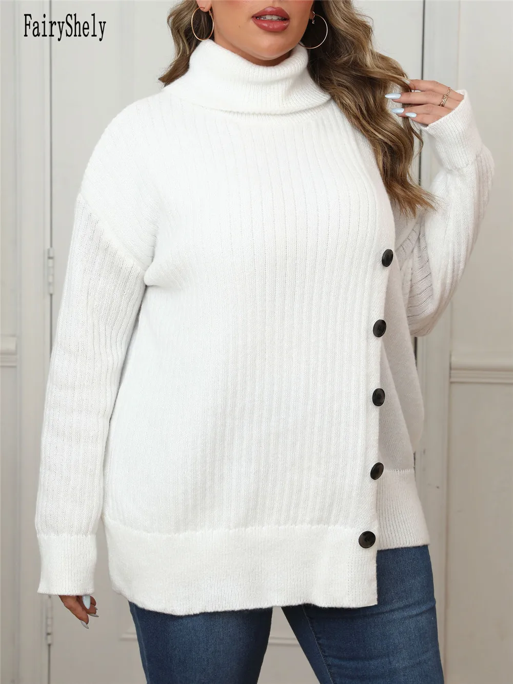 2024 Winter Long Plus Size Sweater Women Turn-down Collar Large Pullover Ladies Loose Oversize Jumper Big Jerseys Curvy Knitwear