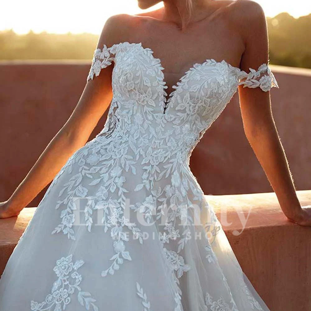 Customized A Line Wedding Dresses Off The Shoulder Sparkle Elegant Womens Dresses Applique Bride Dresses Vestidos Para Mujer