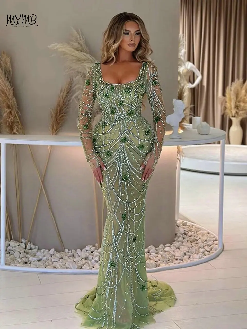 

MYMB Elegant Green Sheer Long Sleeves Muslim Formal Party Dresses for Women Celebrity Dubai Luxury Beaded Mermaid Evening Gowns