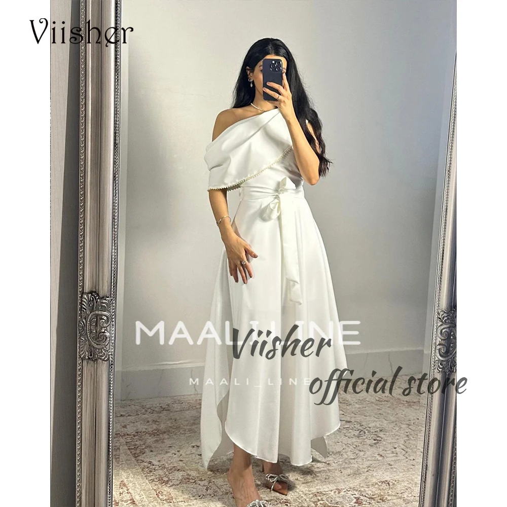 

Viisher White Mermaid Evening Dresses Off Shoulder Spandex Satin Prom Party Dress Arabian Dubai Formal Occasion Gowns