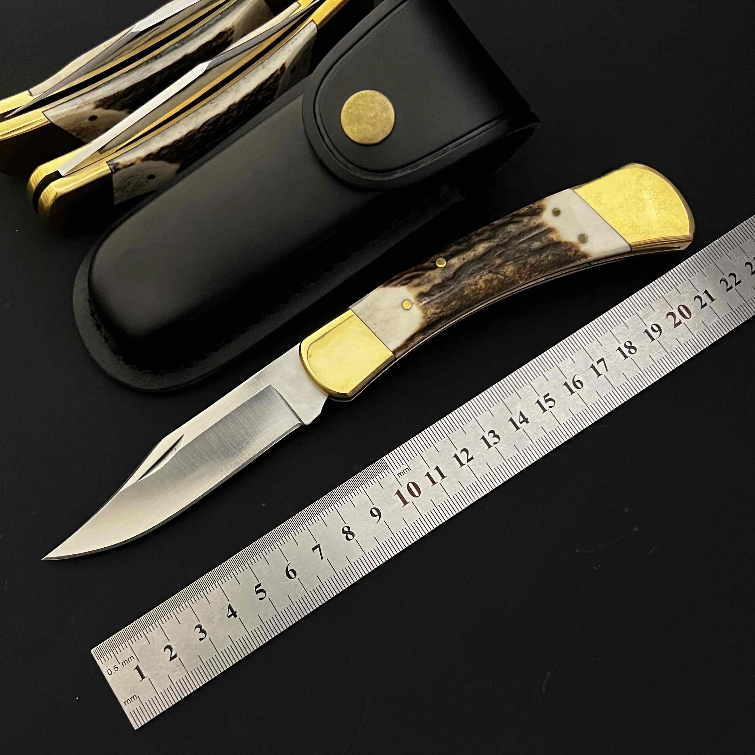 

8.5 inch 440C steel CNC gong integrated brass antler handle outdoor camping fruit knife fishing survival EDC cutting tool