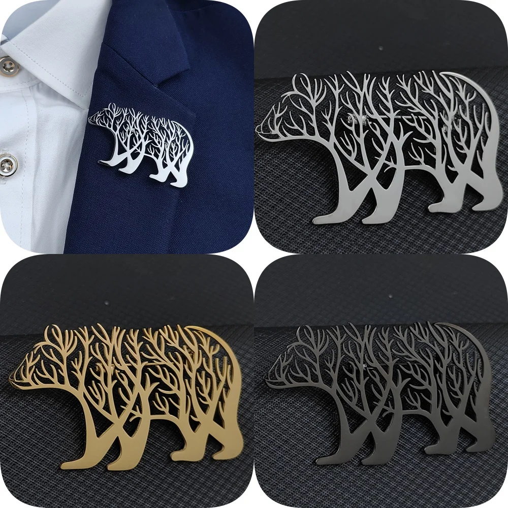 New animal branch polar bear hollow stainless steel gold-plated brooch, men's lapel pin black, silver suit badge set