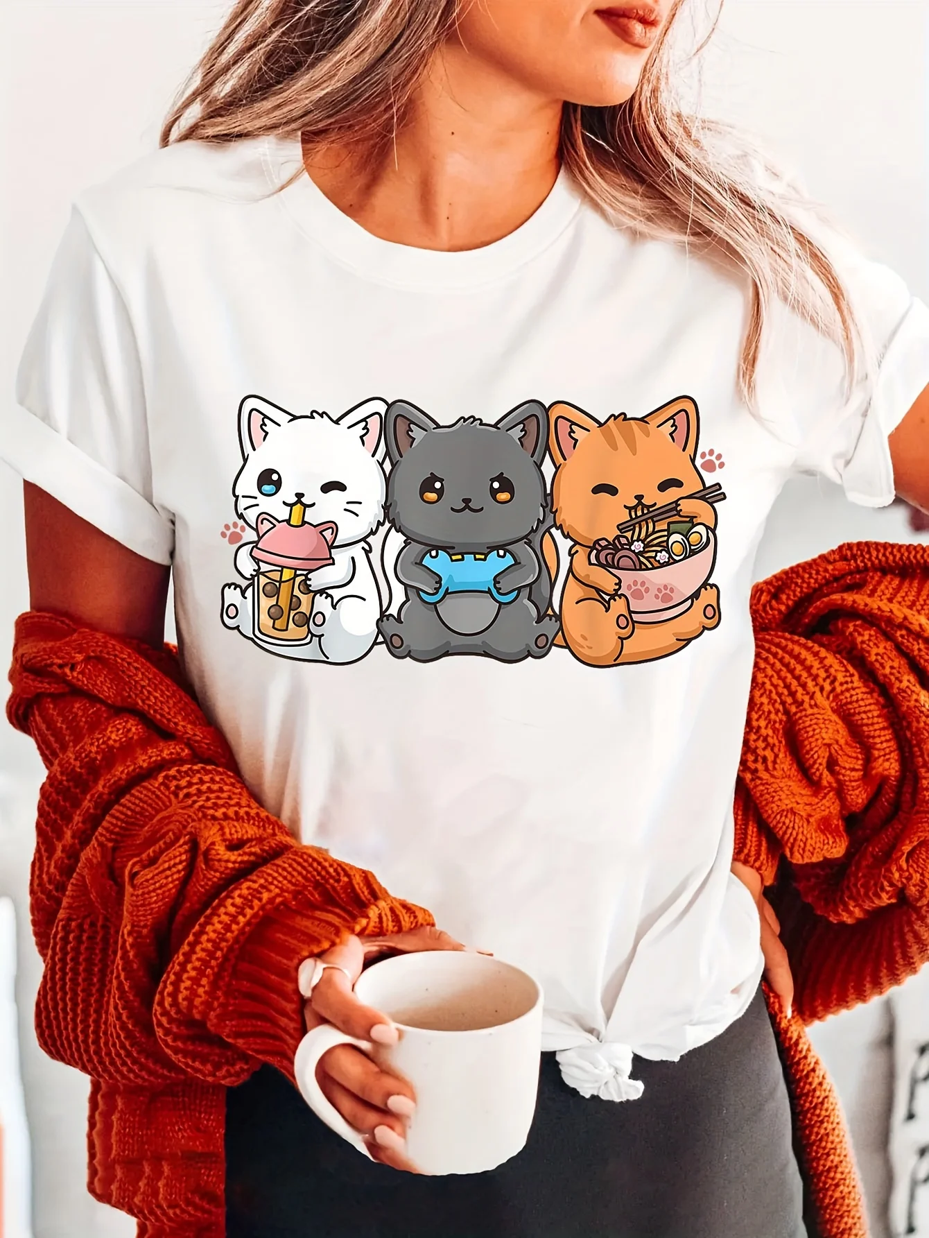 

Cat Print Crew Neck Unique T-shirt Short Sleeve Casual Top for Summe Rstreetwear Spring Stretchy O-neck Clothing Shirt Tops