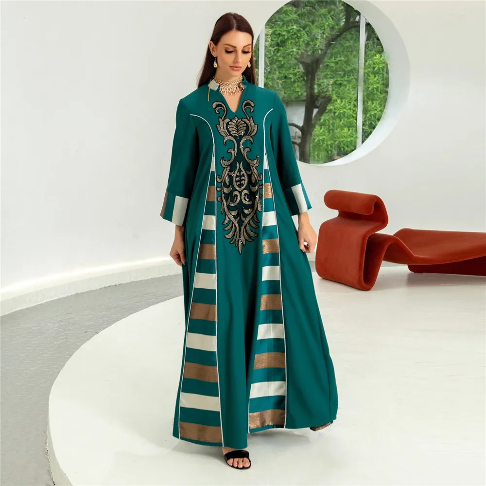 Imagem -03 - Dubai Abaya-vestido Longo Bordado com Lantejoulas de Luxo para Mulheres Árabe Turquia Islâmico Muçulmano Kaftan Marroquino Jalabiya Oriente Médio Ramadã