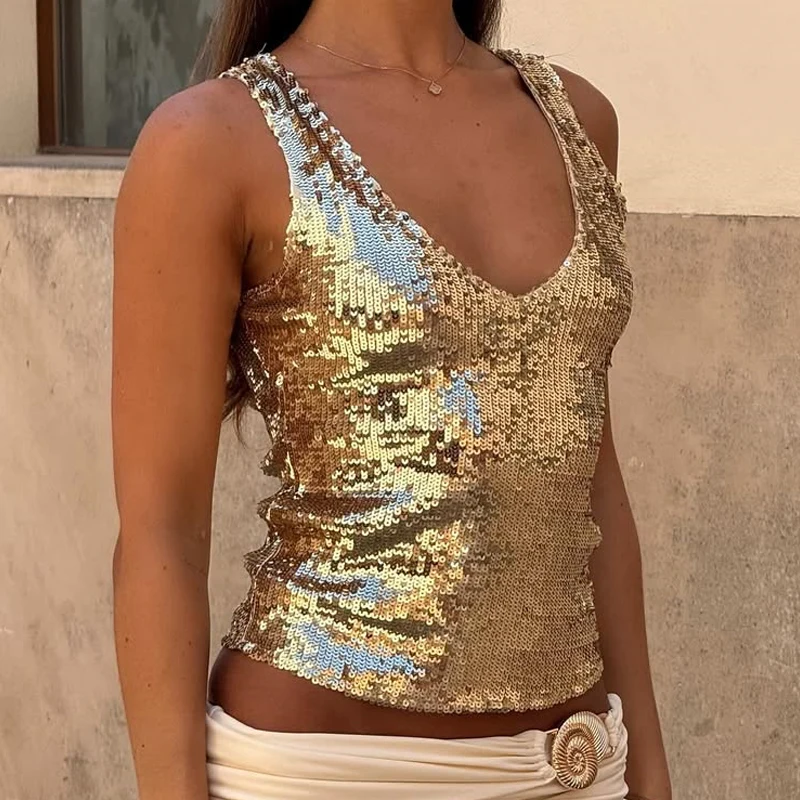 Débardeur de luxe à paillettes scintillantes, col en V, chemise sans manches brillante, gilet pour femmes, haut court ajusté, vêtements de Festival Rave