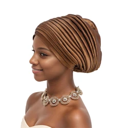 African Female Head Wraps Nigeria Lady Headwear Hat Wedding Headtie New Raw Silk Pleated Turban Cap for Women