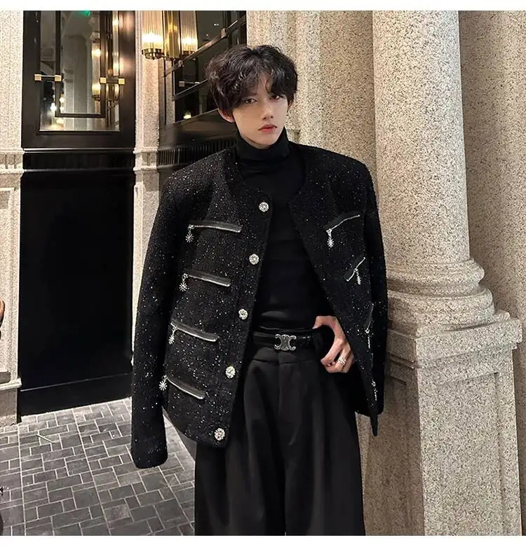 

Autumn Men's Elegant Jacket Korean Luxury Short Coat Fashion Multi-Zipper Sequin Design Trend Male Casual Jackets White