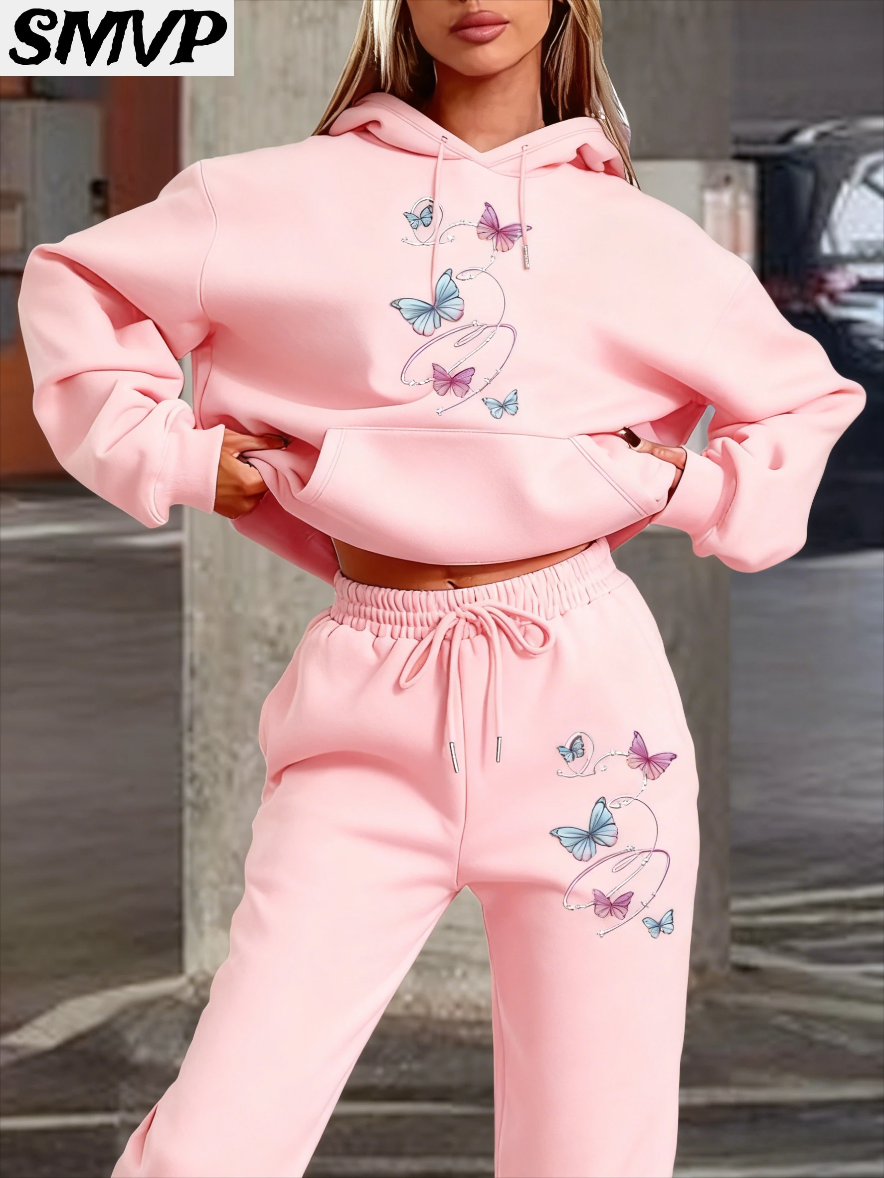 

SMVP женский хлопковый комплект с капюшоном для девочек, розовый многоцветный комплект из двух предметов с принтом бабочки, повседневная одежда для дома, одежда для мамы и дочки