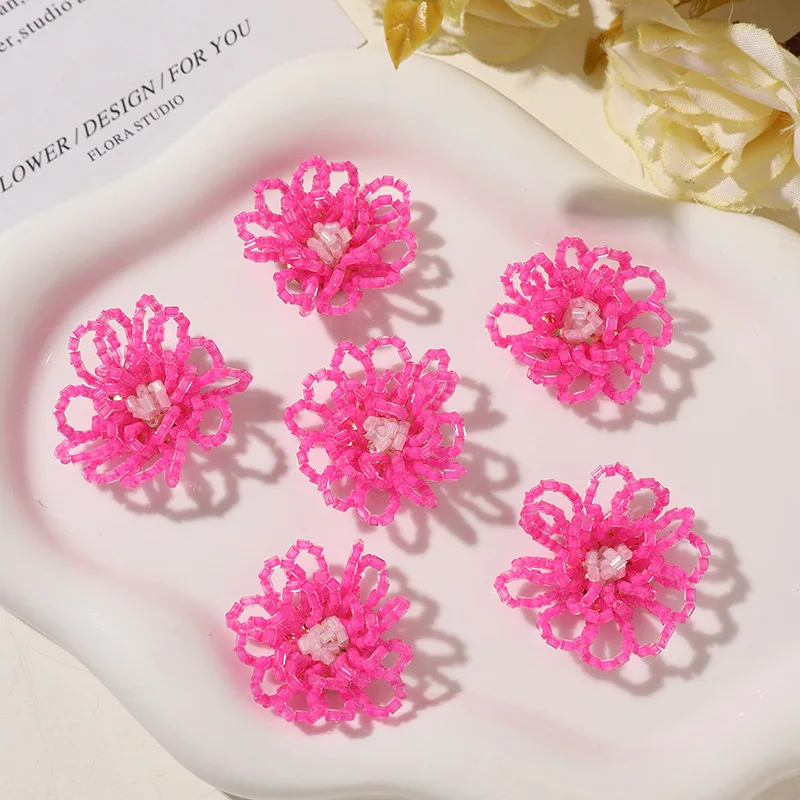 Hot Pink Glass Beads Cluster Flower Sewing Button 4pcs Wholesale DIY Hole Shoes Embellishment Decoration Accessory Finding