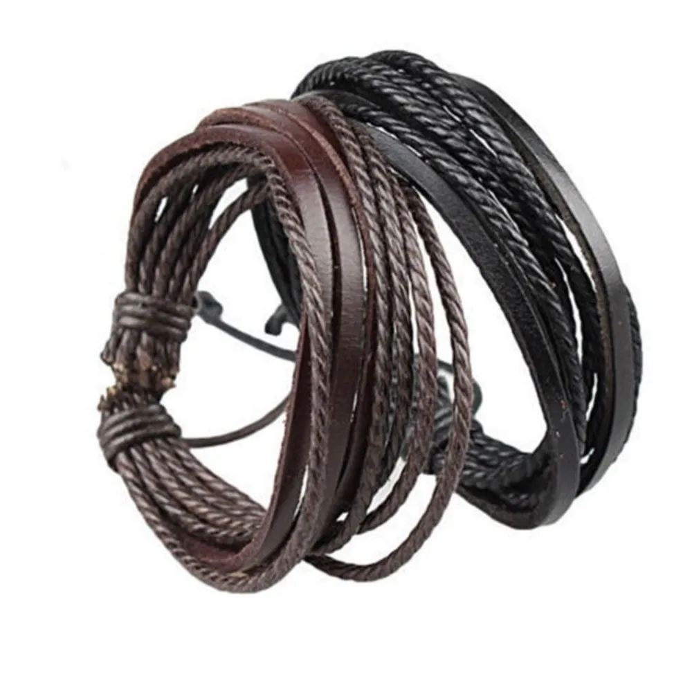 Leisure Fashion Hand-woven Leather Bracelet Multilayer Lace Up Hand Woven Bracelet Wrist Strap Men