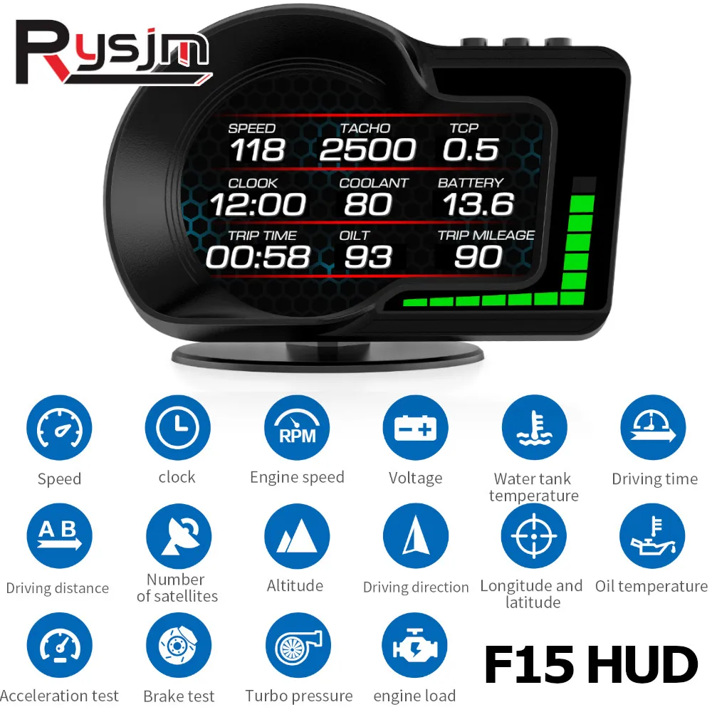 F15 P24 Car Head Up Display HUD Display OBD2 GPS Doppio sistema Accelerato Test Auto Tachimetro RPM Funzione di allarme di tensione