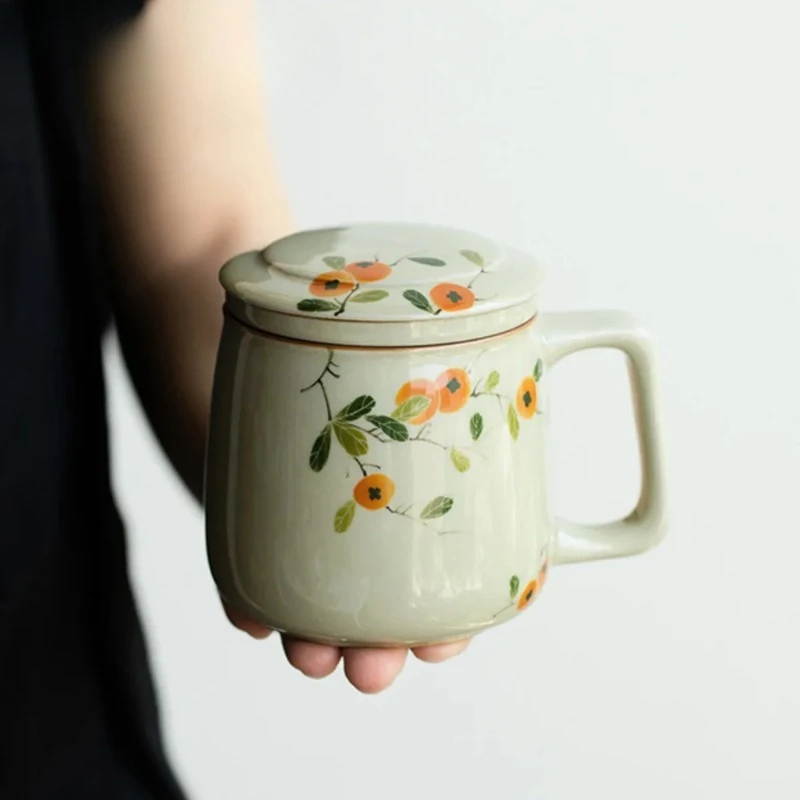 255ml Pure Hand-painted Persimmon Bubble Cup Ceramic Mug with Hanlde Office Light Luxury Water Separation with Handle and Cover