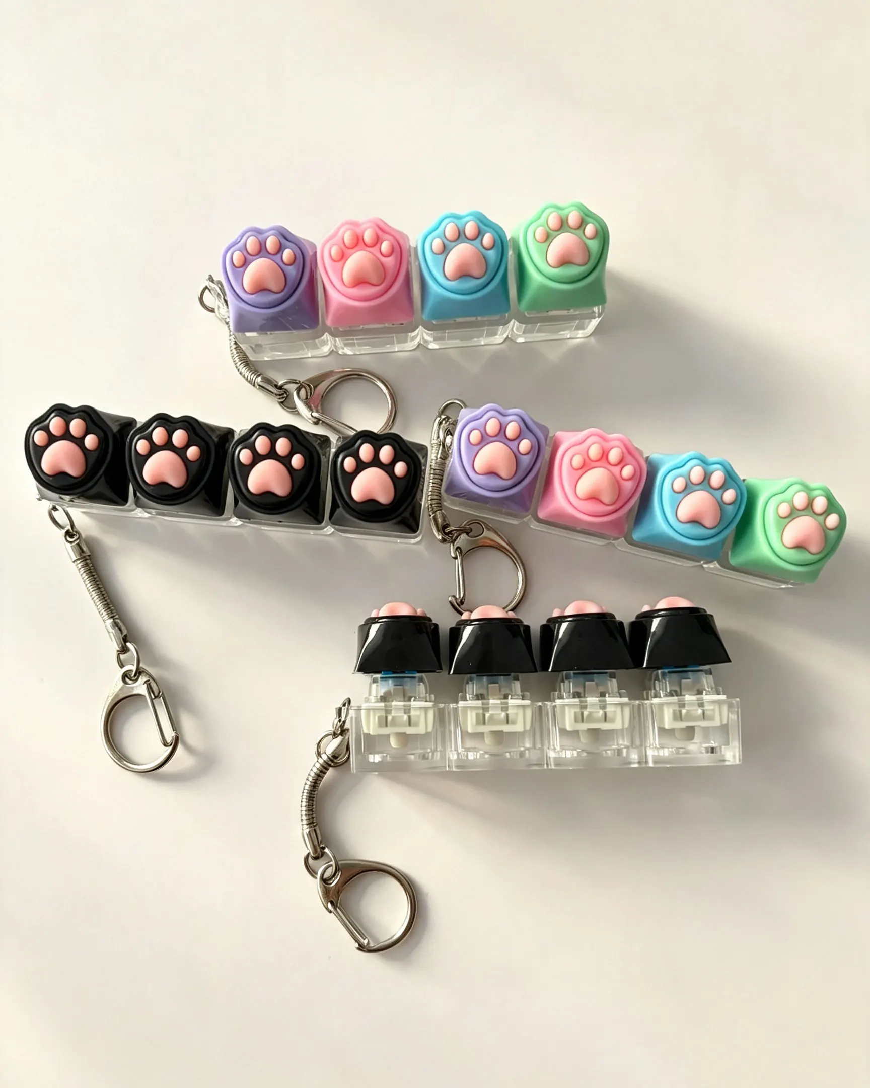 Macaron‑colored Cat‑Paw 4‑Key Mechanical Keyboard Silicone Keycap Switch Tester Fidget Keychain Pendant