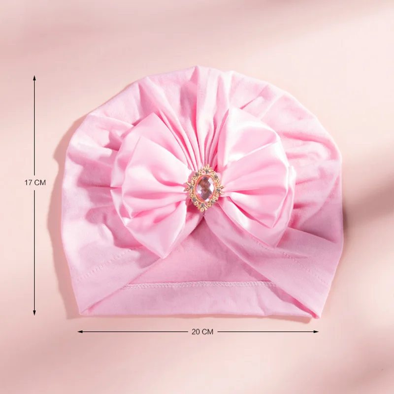 New Bling Rhinestone Bowknot Baby Turban Solid Color Infant Indian Hat Soft Cotton Girl Caps Fashion Handmade Bows Headwear 0-2Y