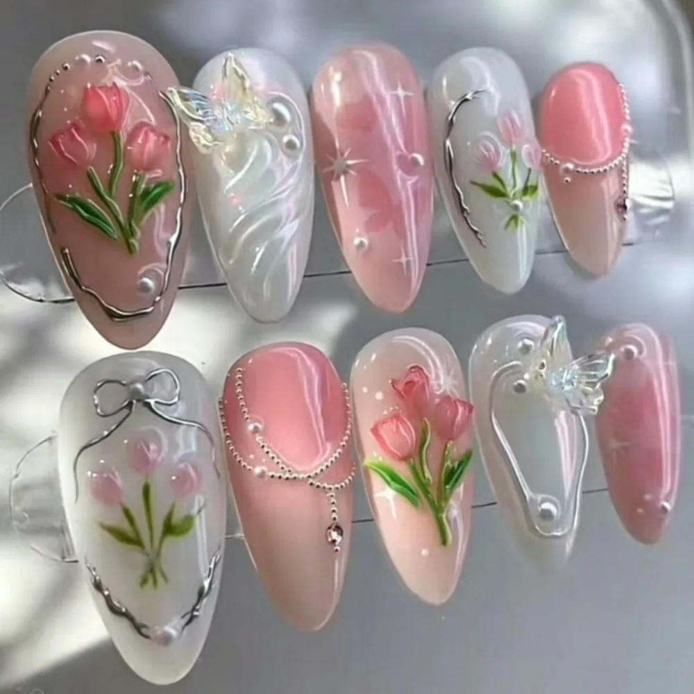 24pcs three-dimensional carved nail art with a high-end feel, spring tulip hot stamping, pure desire, sweet breeze, almond shaped nail pieces