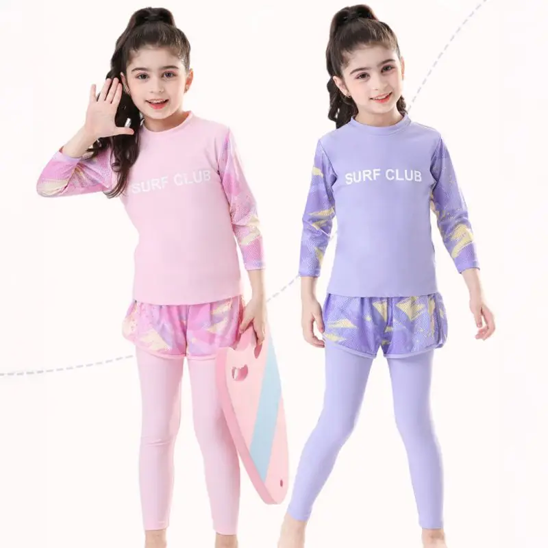 

3 Pcs Girls Long Sleeve Swimsuit Sun Protection UPF 50 Swimming Sunsuit with trousers Split Bathing Suits for Diving Surfing