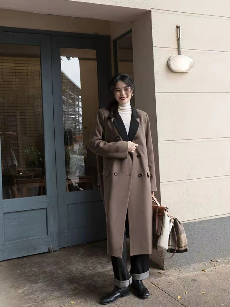 

Elegant Women's Spring Fall Two Tone Long Trench Coat New Premium Korean Loose Fit Double Breasted Business Casual Blazer