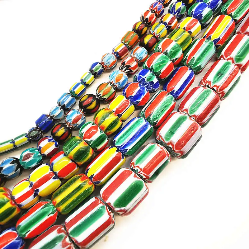 Nepal Hand Colorful Striped Lampwork Beads Strand Antiqued Trade Glass Bead TSB0199