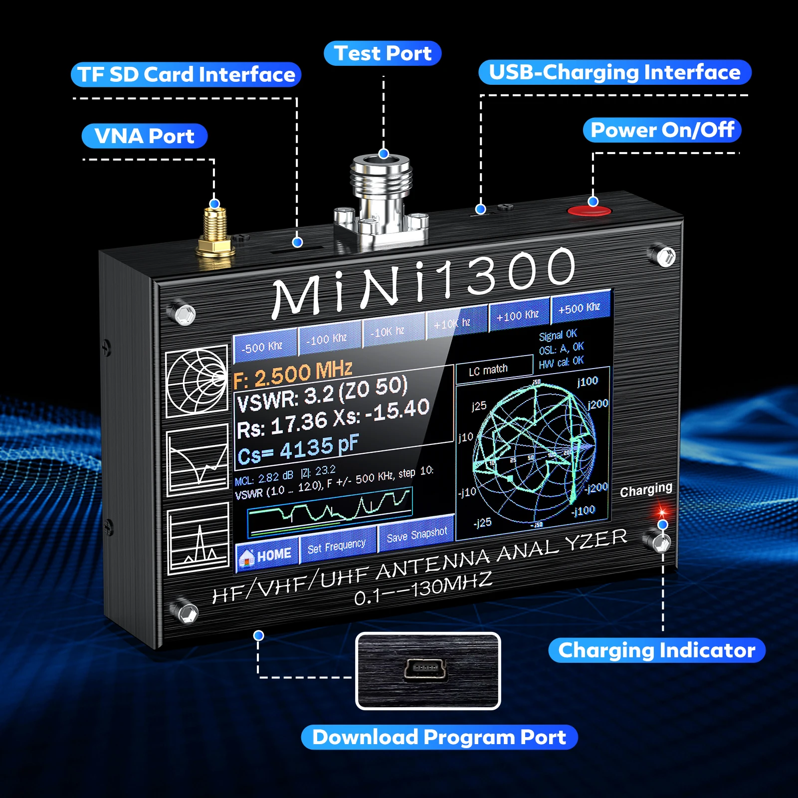 2024 Upgraded Mini1300 Antenna Analyzer 0.1Mhz~1300MHz with SMA Calibration Kits Vector Network Analyzer Multitester