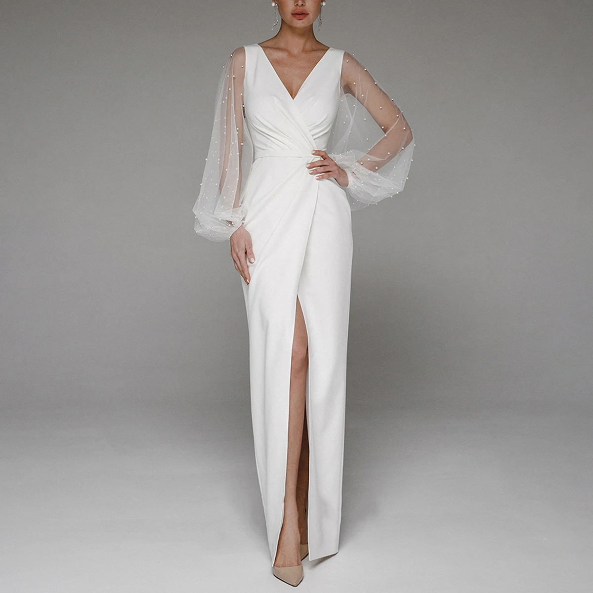 

Romantic Sheath Pearl Wedding Dresses For Women Long Sleeve V Neck Satin Bridal Party Gown For Bride Vestidos Novia