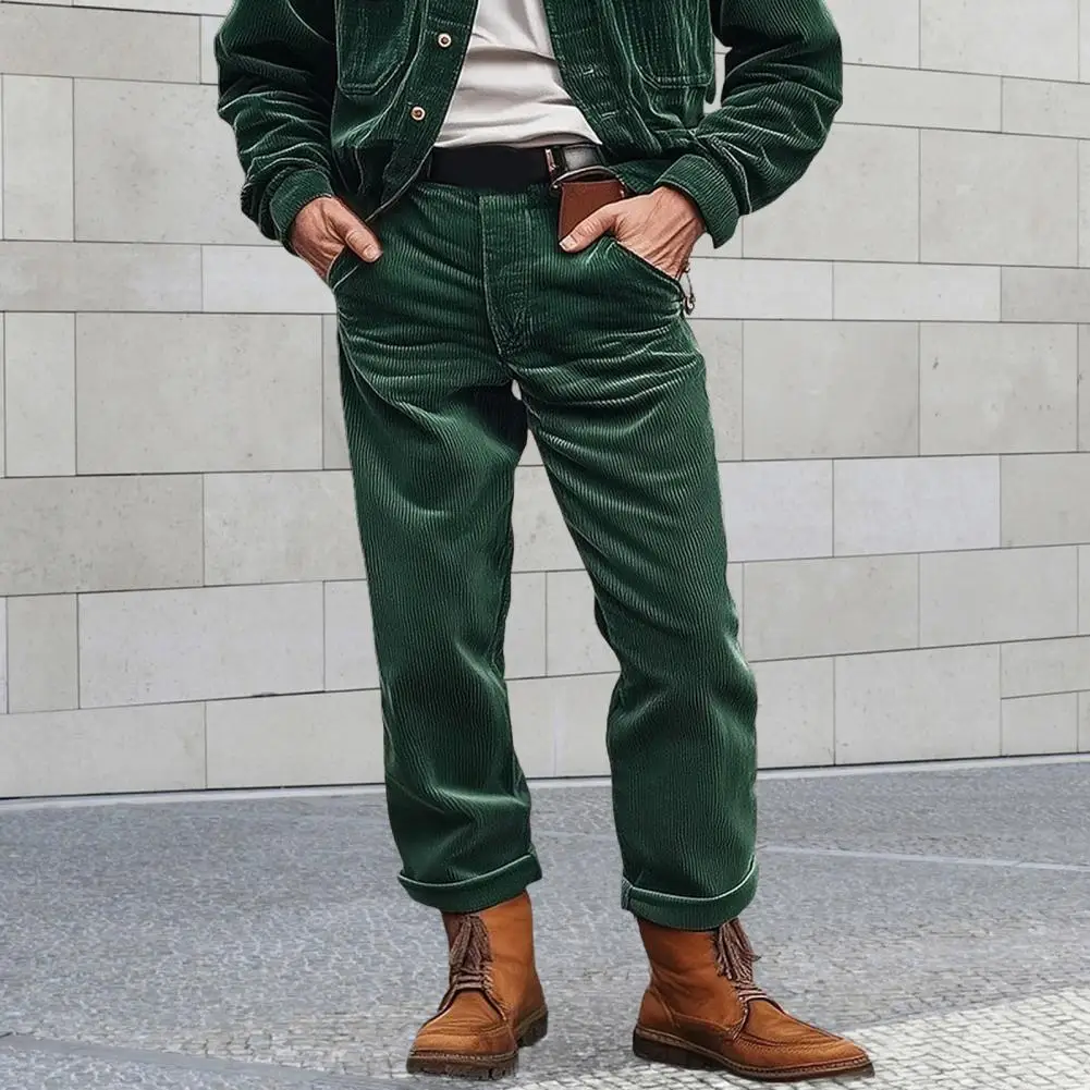 Men Corduroy Pants With Pockets Button Zipper Closure Solid Color Business Style Loose Mid Waist Casual Outdoor Trousers