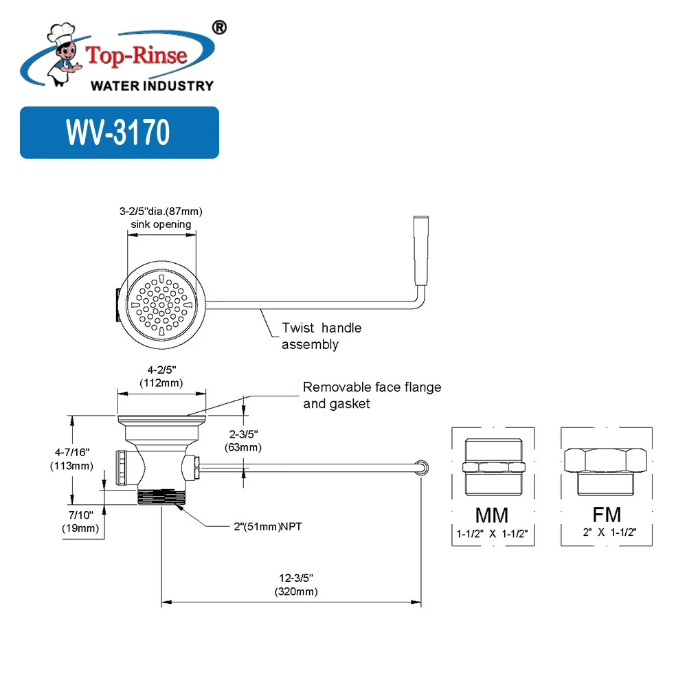 Hot Sell WV-3170 Twist Lever Waste Drain Overflow Outlet Brass Kitchen Sink Drain Valve For Commercial Kitchen