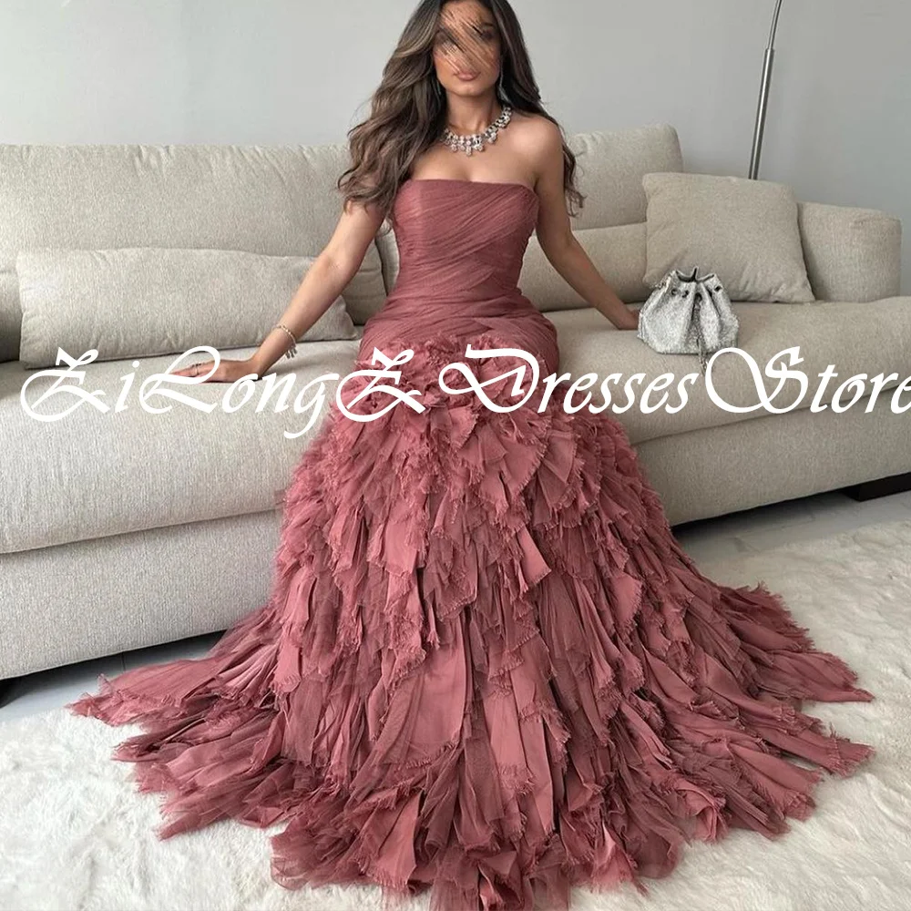 Elegant Party Dresses Woman 2024 Boat Neck Sleeveless Straight Sweep train Tulle Pleats Ruffles Plus Size Dresses For Occasions