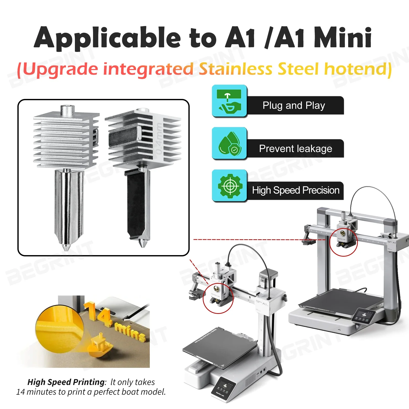 High-Precision Hotend Kit For Bambu Lab A1 A1mini Hardened Steel Non-detachable Integrated Nozzle Same As Original High Quality