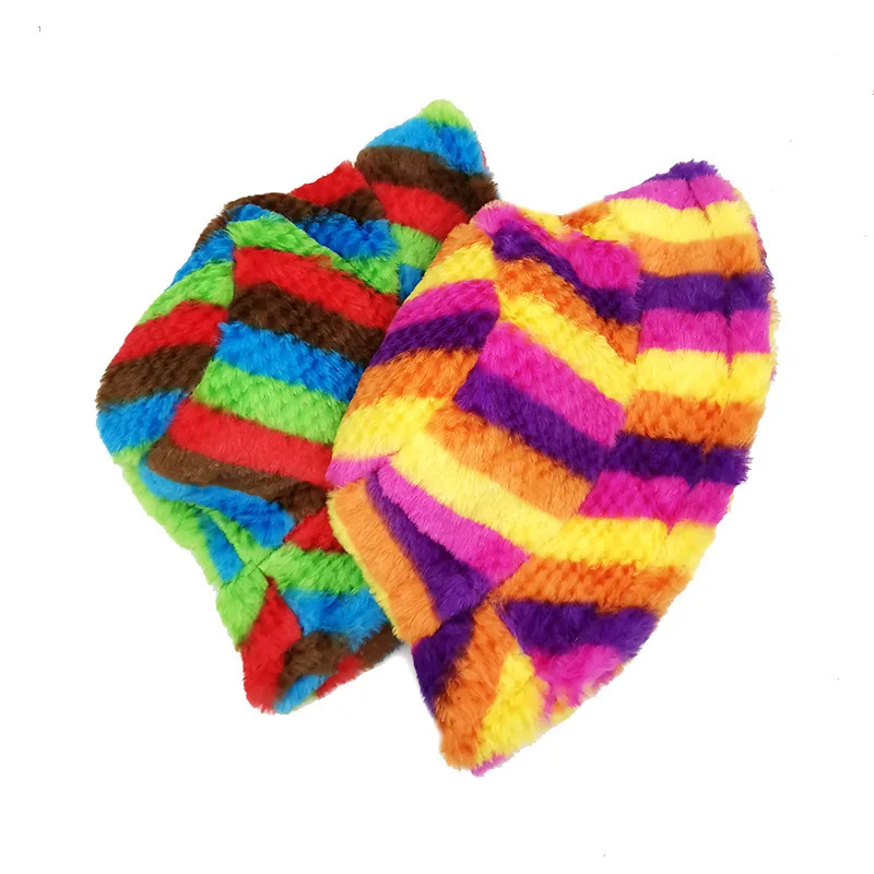 Rainbow Striped Rabbit Plush Bucket Hat Autumn  Winter Hat Women's Thickened Warm Age Reducing Big Eaves Sunshade Basin Hat Tide