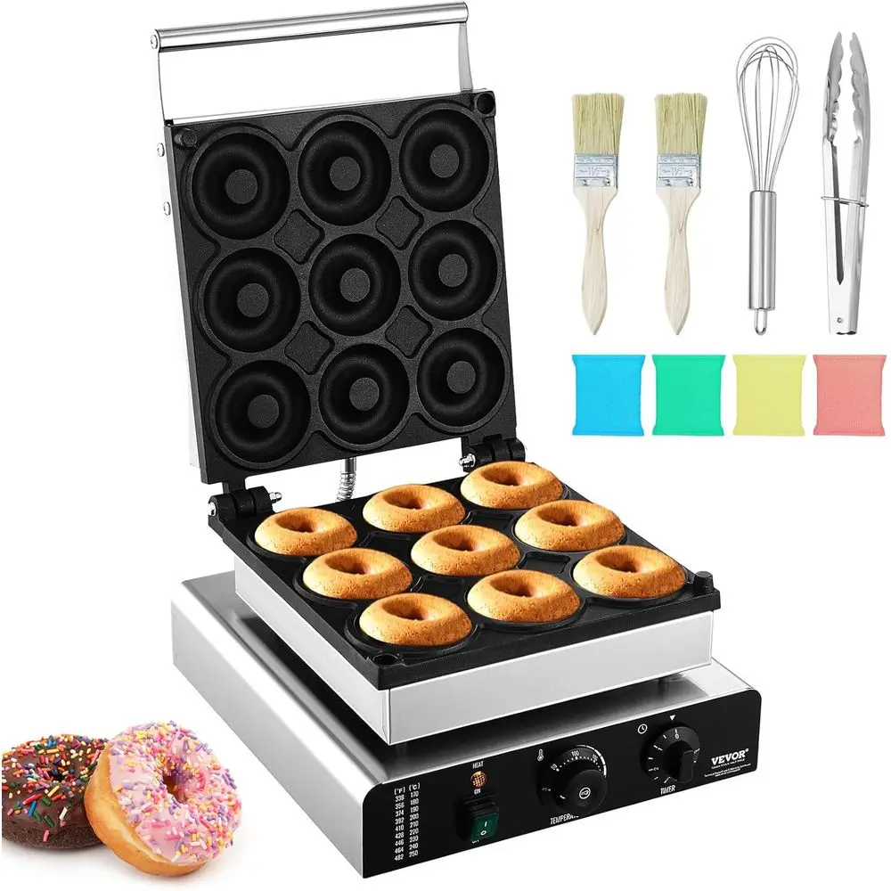 

Commercial Grade 2000W 9-Hole Double-Sided Non-Stick Donut Maker, Adjustable Temp 122-572℉, Ideal for Home and Restaurant Use