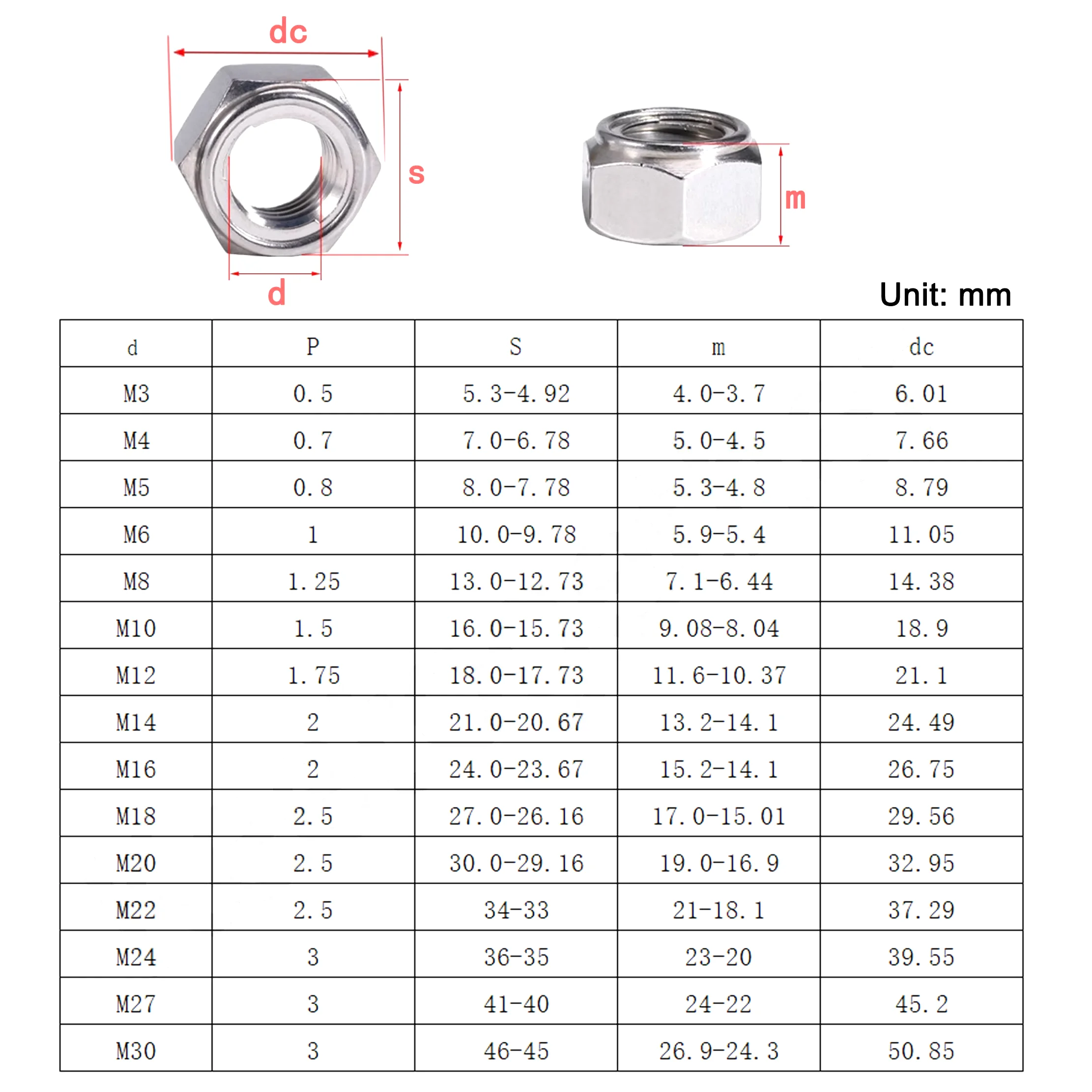 DIN980 GB6184 Metric Hex Locknut 304/316 Stainless Steel All Metal Self Locking Nut M3 M4 M5 M6 M8 M10 M12-M30