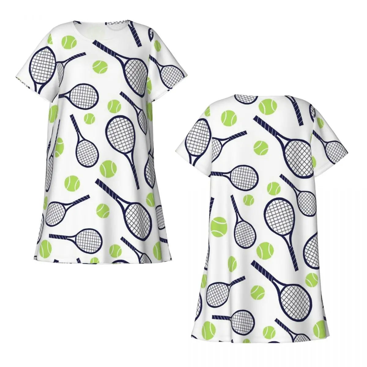 

Custom Tennis Racket And Ball Short Sleeves Nightdress For Sleeping Sleepshirts Women Short Sleeve Nightgowns Loose Pajama Dress