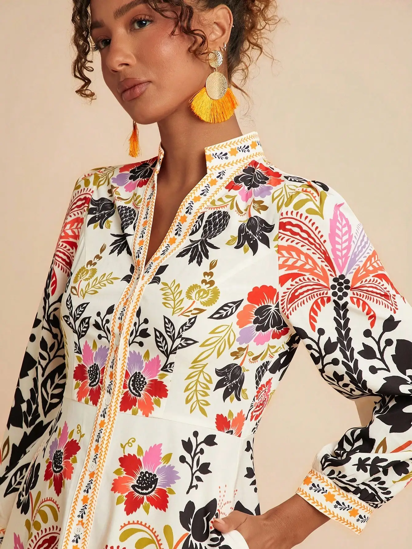 

Women's Floral Print Long Sleeve Button-Down Midi Dress with Mandarin Collar