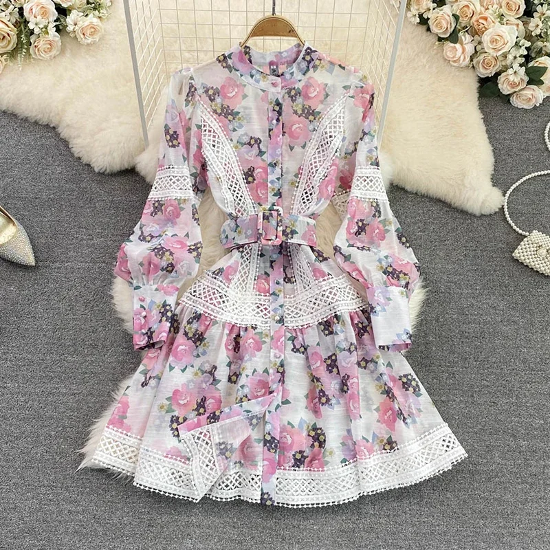 2025 Fashion Embroidery Lace Hollow Out Stitching Flower Dress Women Single Breasted Lantern Sleeve Floral Print Belt Vestidos