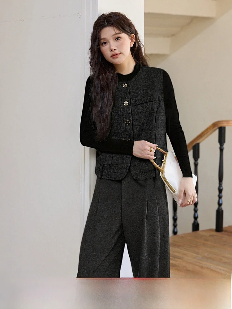 

Женский наряд больших размеров, осенний новый жилет в стиле ретро, длинные брюки с высокой талией, свободный крой, для поездок на работу, из полиэфирного волокна