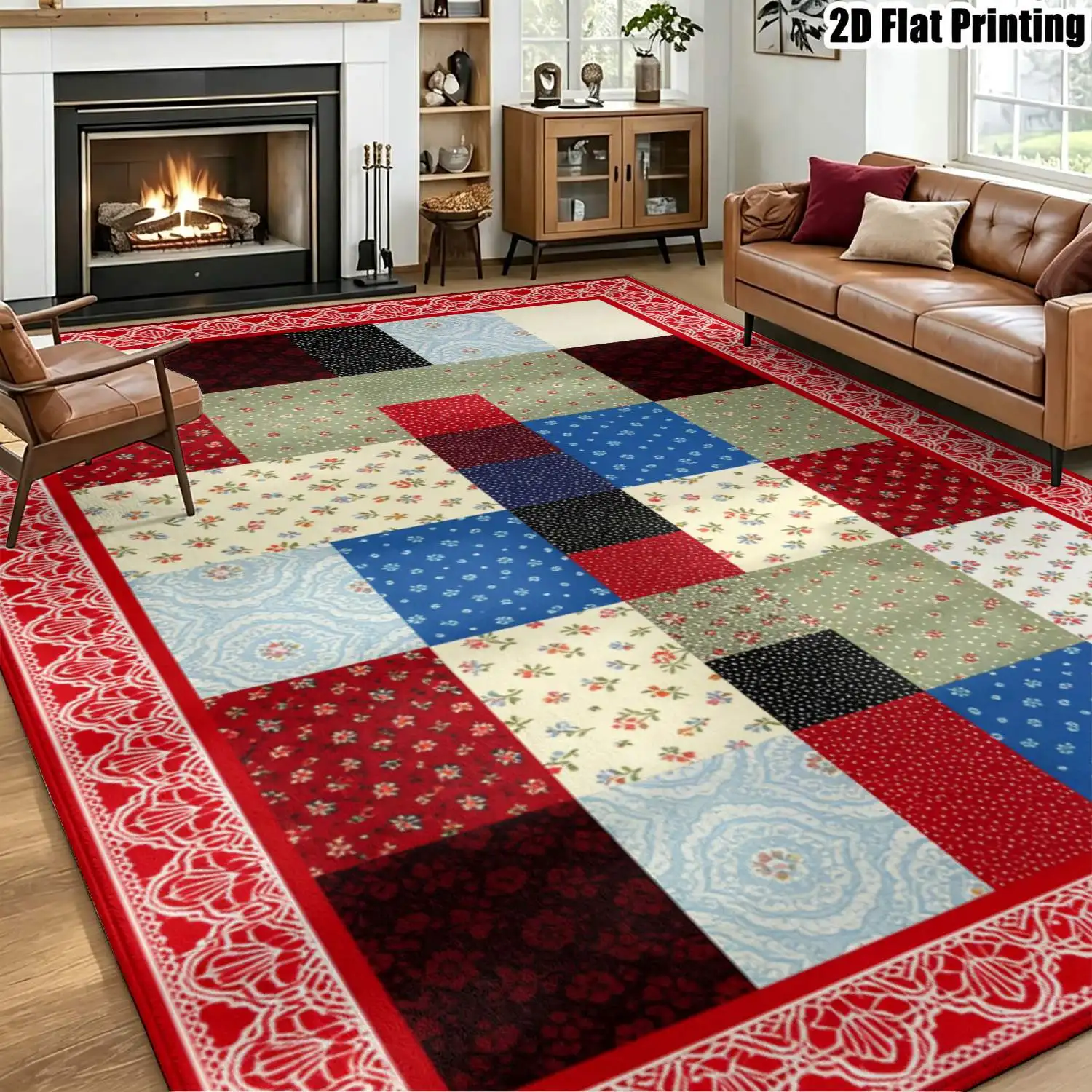 1Pc 2D Printed Carpet: Contrasting Patchwork, Retro & Modern Minimalist, Multi-Size, Machine Washable, Ideal for Home Decor & Various Floor Mats