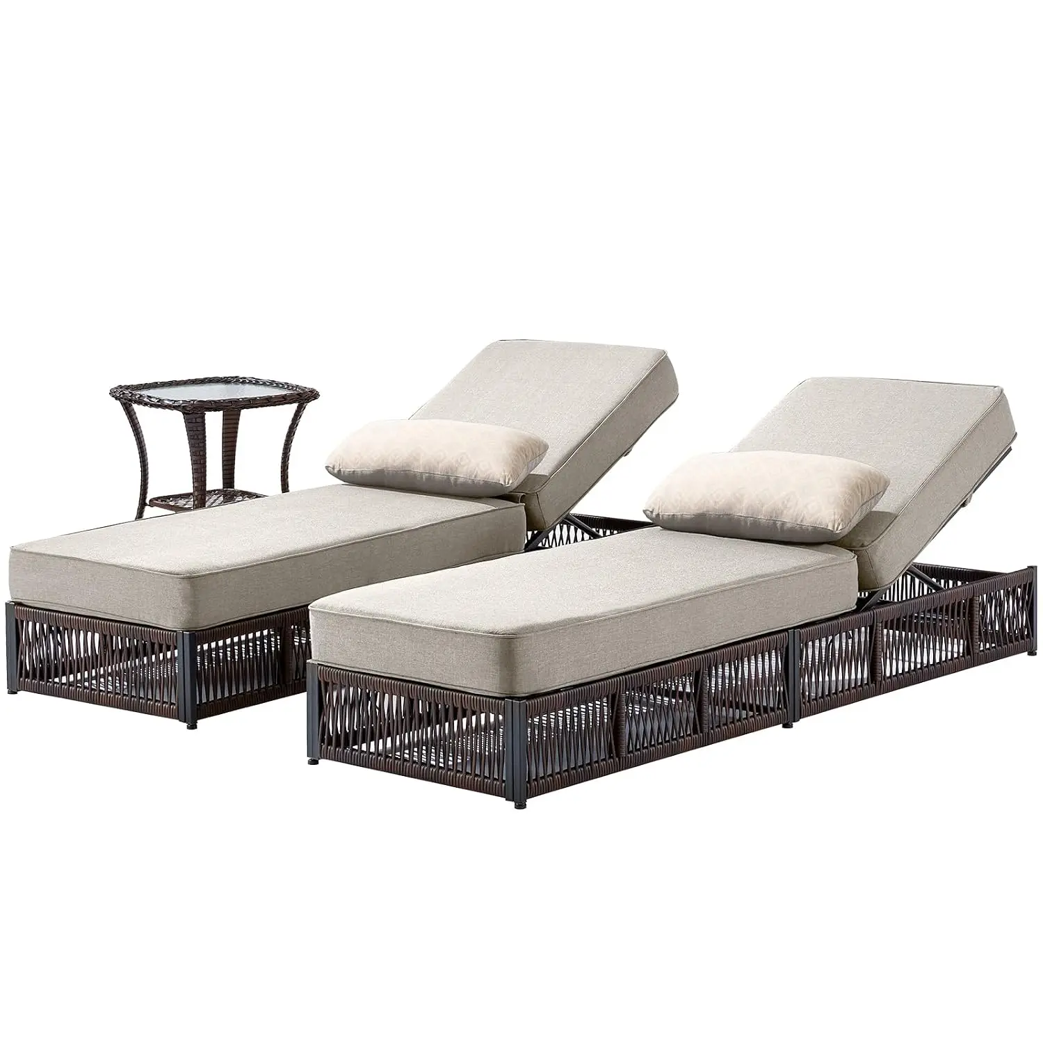 Luxury Outdoor Chaise Lounge Chairs of 2 with 5 Inch Thick Cushions and Side Table - 3 PCS High Back Brown Wicker Rattan Patio R